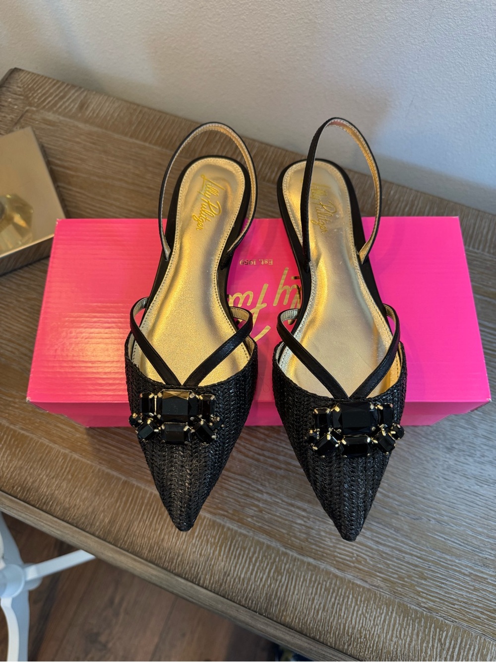 NWT Lilly Pulitzer Black Embellished Slingback Pointed Flats